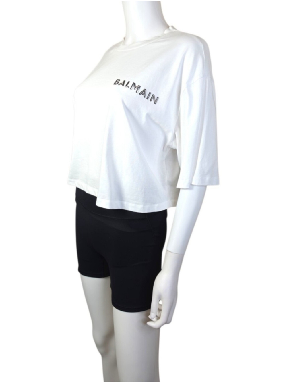 $495 BALMAIN Laminated Logo Cotton Crop T-Shirt Large - Picture 6 of 13